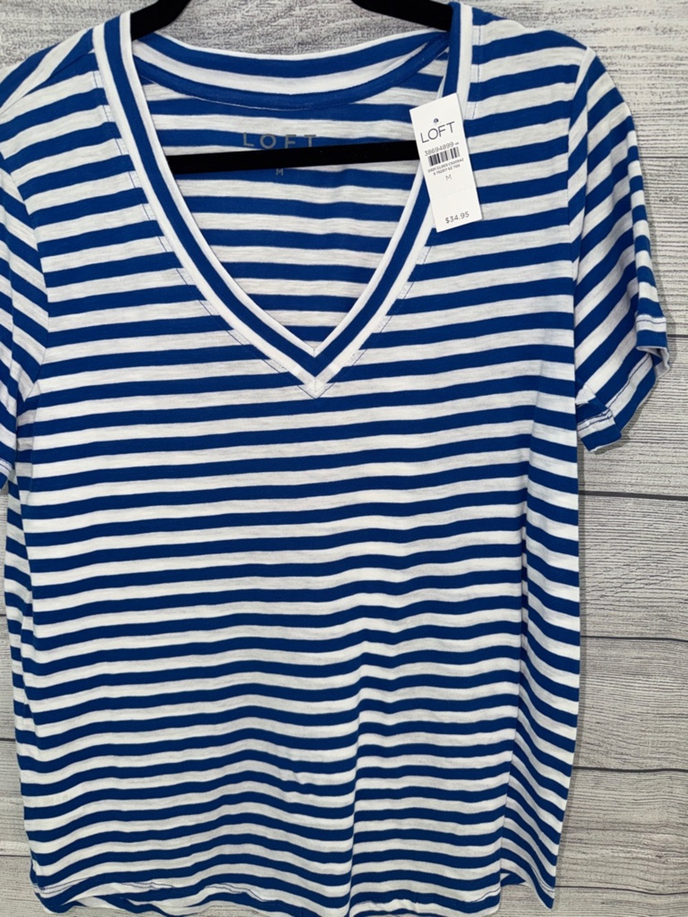 LOFT Blue & White Striped V-Neck Short Sleeve Tee
